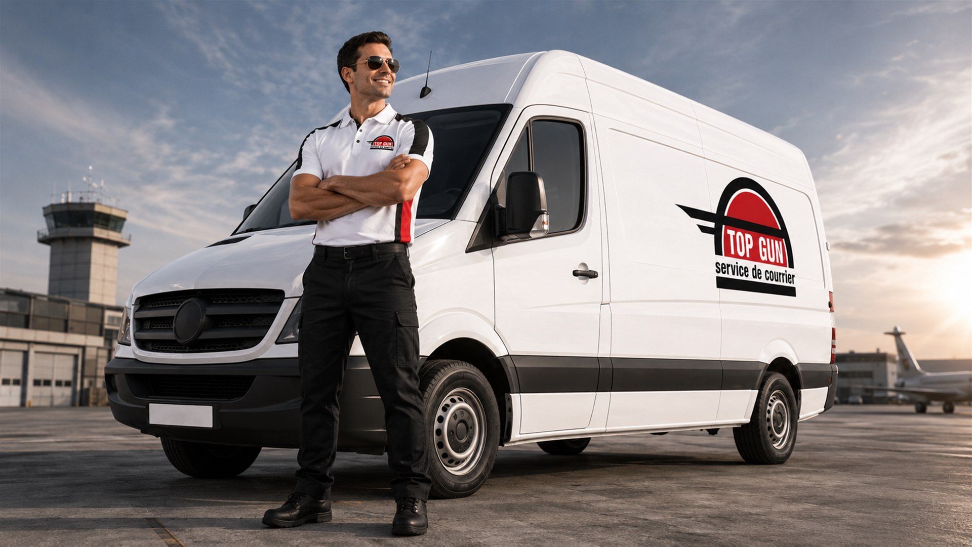 Un messager Top Gun aux côtés d'une camionnette de service sur le tarmac d'aéroport